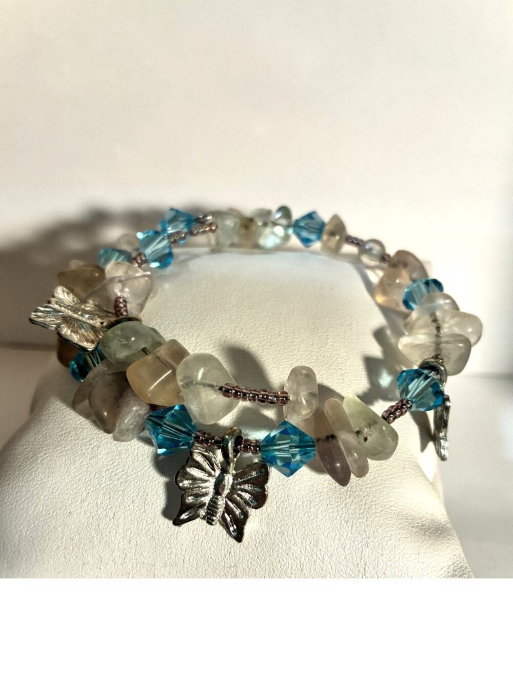 Crystal Chip Bracelet w/blue glass beads & silver plated butterflies